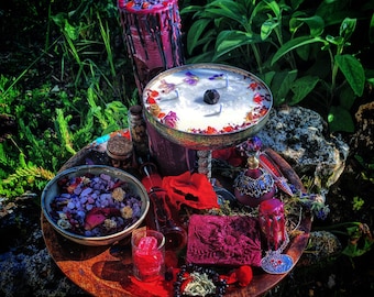 PERSEPHONE ritual set, box, gift, self-love, sacred feminine, goddess, scented candle, chalice, pomegranate, garnet, organic, perfume, spelljar, incense, witch