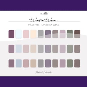 May include: A color palette with the title "Winter Warm" and the number 323. The palette features 30 color swatches in shades of purple, gray, beige, and white.