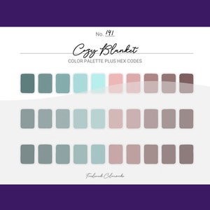 Pode incluir: Uma paleta de cores com o título "Cozy Blanket" e o número 141. A paleta apresenta tons de azul, verde, rosa e marrom.
