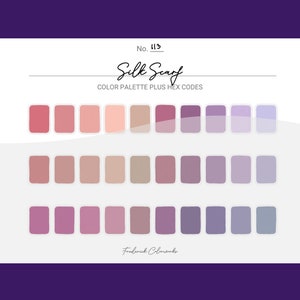 May include: A colour palette with 27 different shades of pink, purple, and brown. The palette is labelled "Silk Scarf" and "Colour Palette Plus Hex Codes".