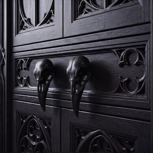 May include: A pair of matte black cabinet pulls shaped like bird skulls mounted on a dark wood cabinet door. The cabinet features intricate carved detailing with arched patterns and recessed panels, creating a cohesive dark aesthetic.
