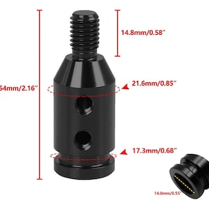 Puede incluir: Adaptador met&aacute;lico negro con parte superior roscada y cuerpo cil&iacute;ndrico. El adaptador mide 54 mm de largo, con un di&aacute;metro de 21,6 mm en su punto m&aacute;s ancho. Tiene dos agujeros y una base con un di&aacute;metro de 17,3 mm.