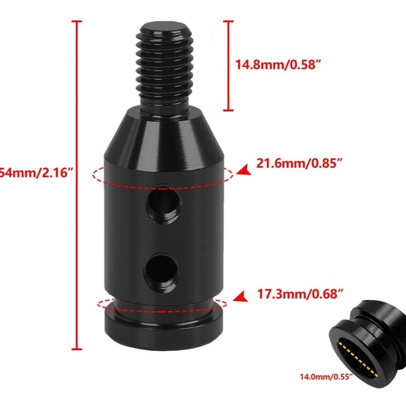 Puede incluir: Adaptador met&aacute;lico negro con parte superior roscada y cuerpo cil&iacute;ndrico. El adaptador mide 54 mm de largo, con un di&aacute;metro de 21,6 mm en su punto m&aacute;s ancho. Tiene dos agujeros y una base con un di&aacute;metro de 17,3 mm.