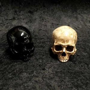 Puede incluir: Cuatro figuras decorativas de calaveras en fila. Una es blanca, otra negra brillante, otra color hueso y la &uacute;ltima salpicada de pintura colorida. Las calaveras son un elemento decorativo macabro.