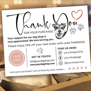 Tarjeta de agradecimiento para tienda de perros: plantilla de tarjeta de visita imprimible, tarjeta de tienda de Etsy editable, peluqueros de perros, paseadores de perros, inserto de embalaje, sts3