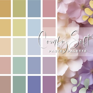 Könnte beinhalten: Eine Farbpalette mit einem Raster von 20 Pastellfarben, darunter Farbtöne von Gelb, Grün, Blau, Rosa und Lila. Der Text "Comfy Soft Pastel Palette" ist unten im Raster in Kursivschrift geschrieben.