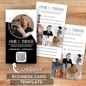 May include: A black and white business card template with a gold border. The card features a photo of a woman holding a camera, the text "Jamie C. Turner Photographer", and a QR code. The card also includes contact information, social media handles, and the text "Wedding Portrait".