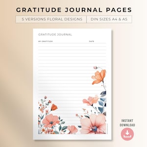 Pagine di diario della gratitudine floreale – PDF stampabile per la cura di sé / Riflessione quotidiana sulla consapevolezza / Agenda A4 e A5