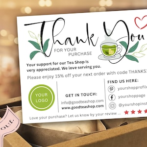 Tea Shop - Cartão de agradecimento, modelo de cartão de visita para impressão, obrigado pela compra, cartão editável da loja Etsy, nota de inserção de embalagem, te3