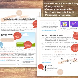 May include: A pink and white thank you card with instructions on how to edit a Canva template. The card includes a link to a Canva design school, a section on how to set links in a document, and a thank you message. The card is 5.5 inches by 4.25 inches.