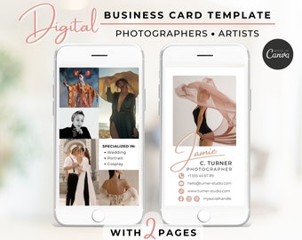 Digital Business Card Template – Photography for Portrait, Wedding, Fashion, Branding, 2 Pages with Portfolio, Creators, Canva Template