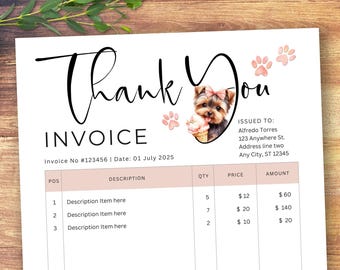 May include: A white invoice with the words "Thank You" in elegant script. A cute Yorkshire Terrier with a pink bow and ice cream cone is featured. The invoice includes fields for item descriptions, quantities, and amounts.
