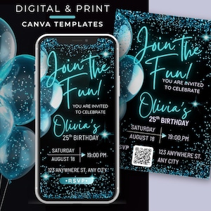 Sjabloon digitale verjaardagsuitnodiging, e-invite feest canva sjabloon, blauwe glitter neon digitale download, sms-uitnodiging, afdrukbare kaart