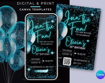 May include: A digital birthday invitation on a smartphone screen and a printed card. The design features the text "Join the Fun!" in a teal neon font, along with the name "Olivia" and the date. Teal balloons are in the background.