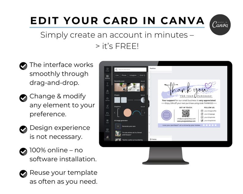 Thank You Card – Canva Template, Printable Packaging Inserts, Editable ...