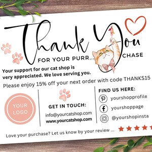 Katzen-Shop-Dankeskarte – druckbare Visitenkartenvorlage, bearbeitbare Etsy-Shop-Karte, Geschäfts-Dankeschön für den Kauf, Packungsbeilage-Hinweis