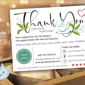 Tea Shop - Cartão de agradecimento, modelo de cartão de visita para impressão, obrigado pela compra, cartão editável da loja Etsy, nota de inserção de embalagem, te2