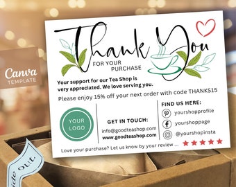 Tea Shop Thank You Card – Editable Business Insert (Canva Template)