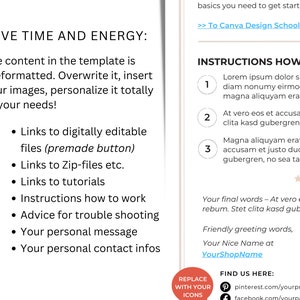 May include: A digital template for Etsy shop owners. The template includes instructions on how to use the template, links to tutorials, and advice for troubleshooting. The text includes the phrase "Save Time and Energy".