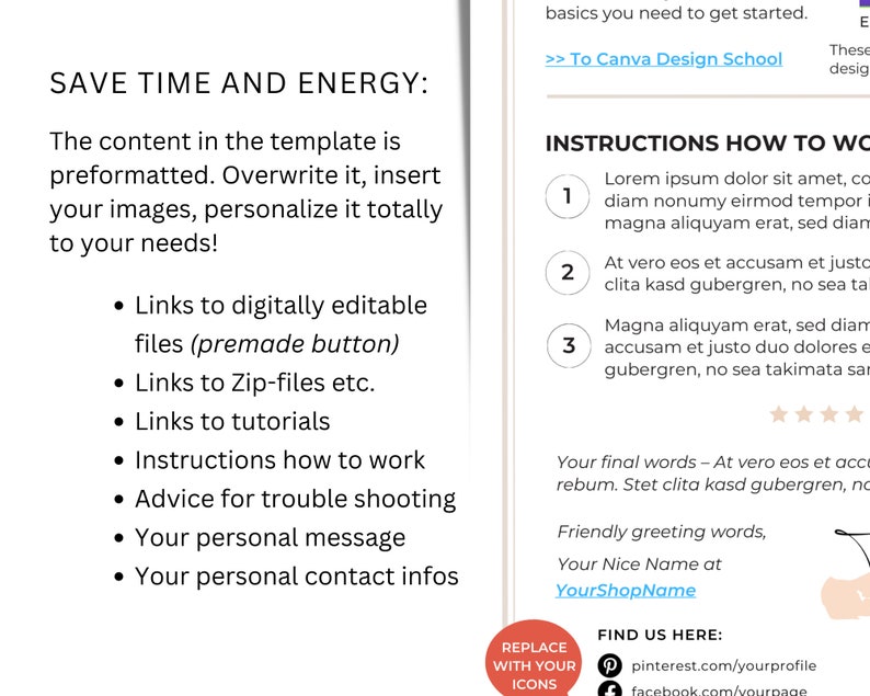 May include: A digital template for Etsy shop owners. The template includes instructions on how to use the template, links to tutorials, and advice for troubleshooting. The text includes the phrase "Save Time and Energy".