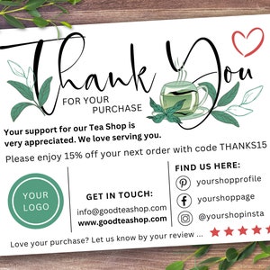 Tea Shop - Cartão de agradecimento, modelo de cartão de visita para impressão, obrigado pela compra, cartão editável da loja Etsy, nota de inserção de embalagem, te1