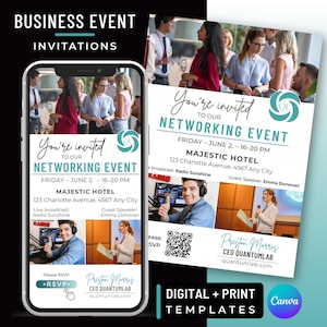 Puede incluir: Invitaciones a un evento de networking empresarial, mostradas en un smartphone y un folleto impreso. El diseño incluye detalles del evento, información del orador y un código QR. El texto dice "Estás invitado a nuestro evento de networking".