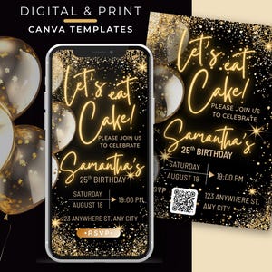 Digitaler Geburtstagseinladung Vorlage, Party einladen Canva Vorlage, Gold Glitzer Neon Digitaler Download, Textnachricht einladen, druckbare Karte