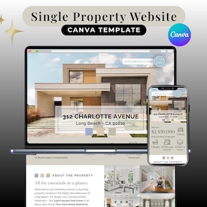 May include: A digital Canva template for a single property website displayed on a laptop and smartphone screen. The design features a modern house image, the address 312 Charlotte Avenue, Long Beach, CA 90810, and property details like price and room counts.