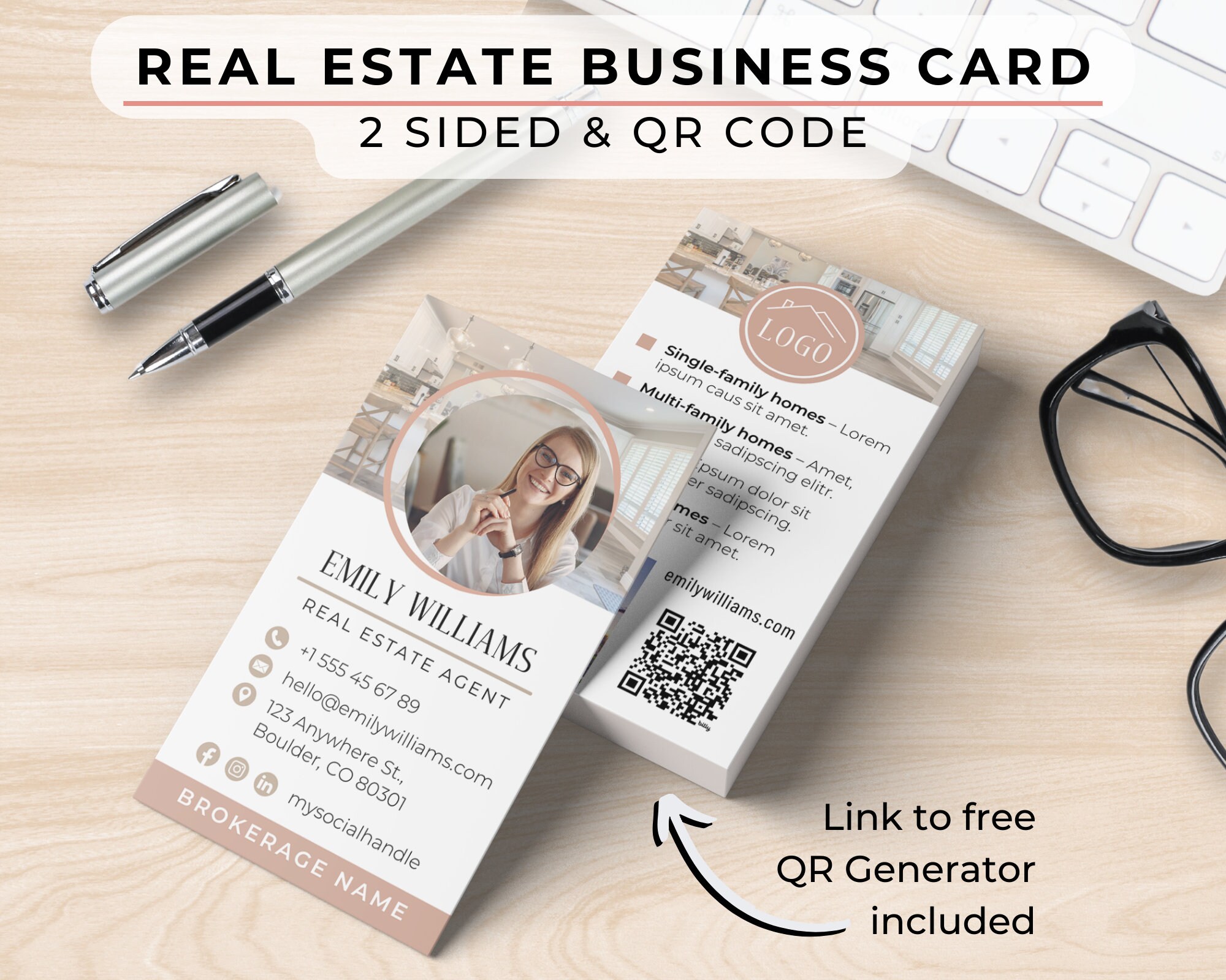 QR-code voor onroerend goed visitekaartje – makelaarsmarketing, vastgoedmarketing branding, bedrijfssjabloon voor ondernemers, Canva-sjabloon