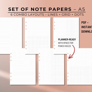 Op de afbeelding: Een set A5-notitiepapier met zes combinatielay-outs: lijnen, raster en stippen. Het witte papier heeft voorgeponste gaten voor planners. De tekst op de afbeelding luidt "SET OF NOTE PAPERS - A5" en "PDF - INSTANT DOWNLOAD".