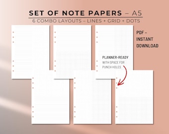 A5 Split Layout Planner Inserts | Lines, Grid, Dots Combo Pages (Digital Download)