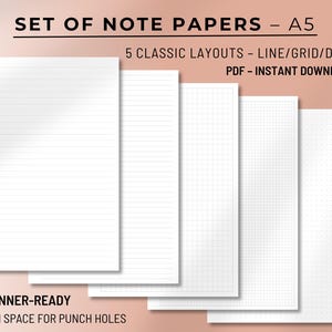 Puede incluir: Un conjunto de papeles de notas A5 blancos, con diferentes diseños: rayado, cuadriculado y punteado. Los papeles están diseñados para planificadores y tienen espacio para agujeros de perforación. El texto en la imagen dice "SET OF NOTE PAPERS - A5" y "5 CLASSIC LAYOUTS - LINE/GRID/DOTS PDF - INSTANT DOWNLOAD".