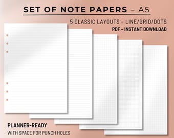 A5 Planner Inserts | Lined, Grid, Dot Paper | Study Notes (PDF Download)