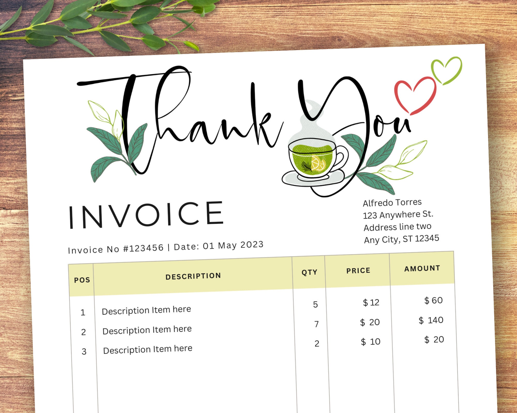 Tea Shop Invoice Editable Template, Tea Herbs Leaves Shop Invoice