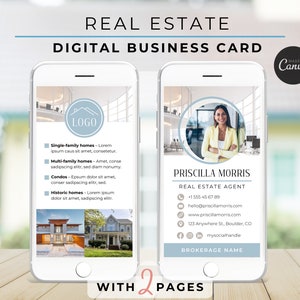 Könnte beinhalten: Digitales Visitenkarten-Design für Immobilien, dargestellt auf zwei Smartphones. Die Karte zeigt ein Logo, Kontaktdaten und ein Foto eines Immobilienmaklers. Das Design enthält Text wie "Einfamilienhäuser" und "Historische Häuser".