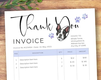 May include: A thank you invoice featuring a watercolour illustration of a black and white French bulldog with purple paw prints. The invoice is for Alfredo Torres and includes a description of items, quantity, price, and amount.