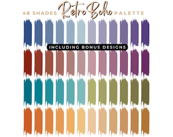 Retro Boho – Digital Color Palette Swatches | 48 Gradient Shades | Canva Template, Photoshop, Illustrator | Hex Codes | Instant Download