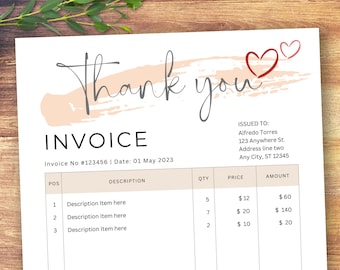 May include: A simple invoice template with the words "Thank you" in cursive script. The invoice is for Alfredo Torres, with an invoice number of #123456 and a date of 01 May 2023. The invoice has columns for POS, Description, QTY, Price, and Amount.