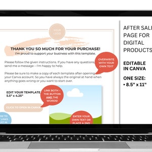 May include: A laptop screen displaying a pink and white thank you page for a digital product purchase. The page includes instructions for editing the template in Canva, with a size of 8.5 inches by 11 inches. The page also includes a link to open the template in Canva.