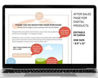 May include: A laptop screen displaying a pink and white thank you page for a digital product purchase. The page includes instructions for editing the template in Canva, with a size of 8.5 inches by 11 inches. The page also includes a link to open the template in Canva.