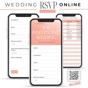 Op de afbeelding: Drie smartphones tonen een digitaal bruiloft RSVP-formulier met een perzikkleurige koptekst. De schermen bevatten velden voor naam, e-mail, telefoon en aanwezigheidsstatus. Een QR-code is zichtbaar in de hoek met de tekst INCLUDED eronder.