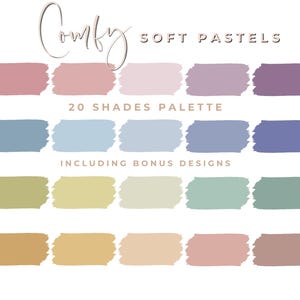 Puede incluir: Una paleta de colores de 20 tonos pastel suaves, que incluyen rosas, azules, verdes y amarillos. La paleta está etiquetada como "Comfy Soft Pastels", "20 Shades Palette" y "Including Bonus Designs".
