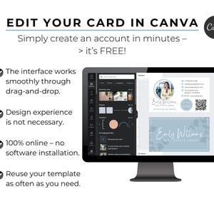 K&ouml;nnte beinhalten: Ein Computerbildschirm zeigt eine Canva-Designvorlage f&uuml;r eine Visitenkarte. Die Vorlage hat ein blaues und wei&szlig;es Farbschema mit einem floralen Design und dem Text "Emily Williams, Immobilienmaklerin". Der Bildschirm zeigt auch die Canva-Oberfl&auml;che mit Werkzeugen zum Bearbeiten des Designs.