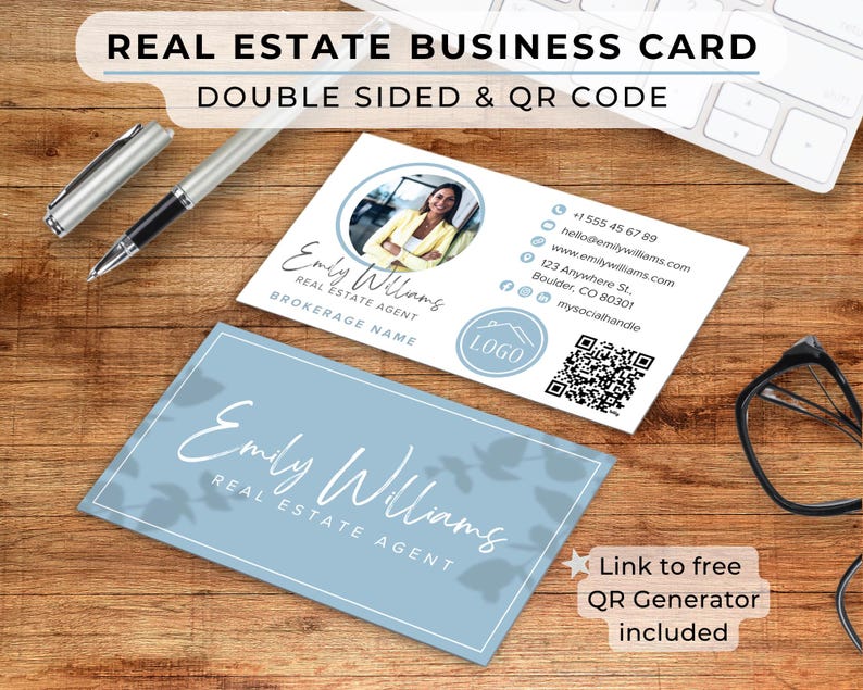 Double sided business card. With signature in handwriting style, portrait photo, logo or project image and qr code. Canva template for free online editing.