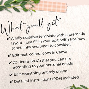 May include: A checklist of what you get when you purchase a digital product. The list includes a fully editable template, 70+ icons, and detailed instructions. The text says "What you'll get:"