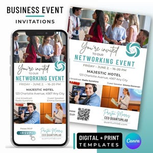 May include: A promotional image for a business networking event. The design features a smartphone displaying an invitation and a printed flyer. The invitation includes event details, a QR code, and the text "DIGITAL + PRINT TEMPLATES".