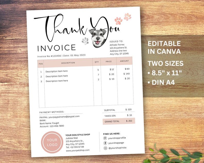 Dog Shop Invoice – Editable Template, Dog Groomers, Dog Walkers ...
