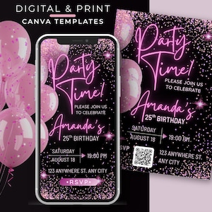 Digitale Geburtstagseinladung Vorlage, Party einladen Canva Vorlage, Pink Glitter Neon Digital Download, Textnachricht einladen, druckbare Karte