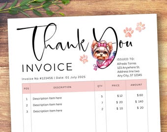 May include: A pink and white invoice featuring the words "Thank You" in black script. A watercolour illustration of a dog with a pink bow and collar is on the right. The invoice includes item descriptions and amounts.