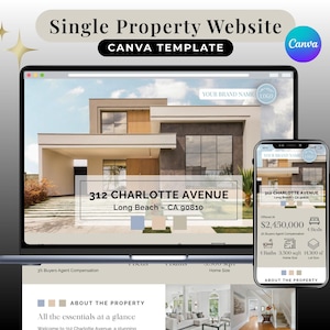May include: A laptop and smartphone display a real estate website template. The website showcases a modern house with the address 312 Charlotte Avenue, Long Beach, CA. The Canva template includes property details and a brand logo.